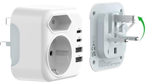 Adaptateur Prise Anglaise - Prise Anglaise Adaptateur Francais avec 1 USB et 1 Type-C, Adaptateur Type G pour Irlande Royaumeuni Bretagne Écosse