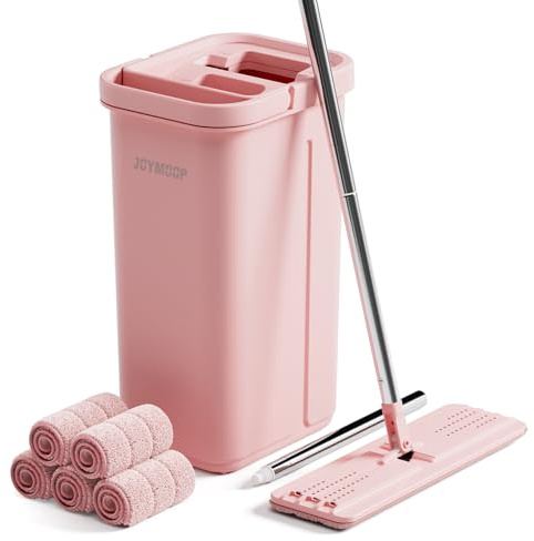 JOYMOOP Mop and Bucket with Wringer Set, Hands Free Flat Floor Cleaner Mop and Bucket, 60'' Mop with 5 Reusable Microfiber Pads, Wet and Dry Use, Floor Cleaning System - Pink