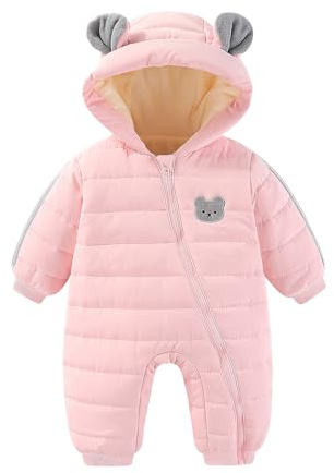 JiAmy Infant Snowsuit Baby Hooded Winter Clothes Baby Bear Outfit Zipper Romper Jumpsuit Pink 9-12 Months