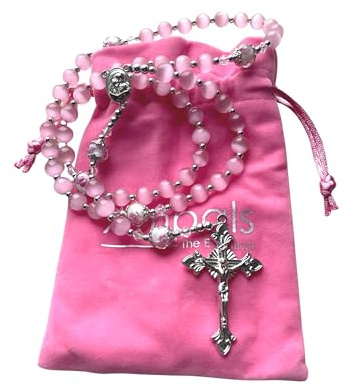 Chapelet perles roses et fleurs,Rosaire Terre Sainte Jérusalem Vierge Marie dans sa pochette cadeau en velours rose, Fêtes chrétiennes,Communion,Baptême, Anniversaire,Naissance,Protection,Voiture,Noel