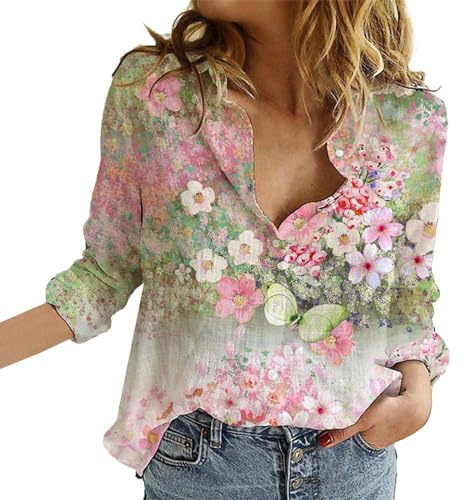 Camicette Donna Curvy Camicie Lino Leggera Camicia Manica Lunga Boho Maglietta Casual Floreale Camice Elegante Fantasia Taglie Forti Tunica Cotone E Lino Vintage Blusa Estiva con Bottoni Scollo a V