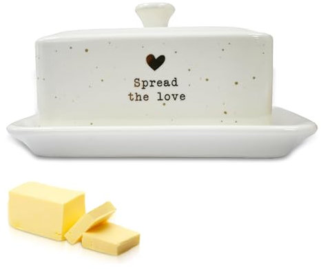 RoadLoo, 1 contenitore per burro in porcellana, con manico, a forma di cuore bianco, in ceramica, a pareti spesse, lavabile in lavastoviglie
