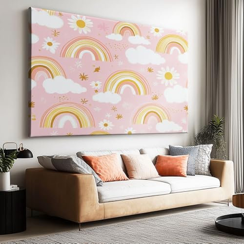 Peinture à l'huile Rose Clair Affiche Toile Art Mural Peinture, Tableau sur Toile Nuages ​​Et Fleurs Arc en Ciel de Rêve pour Décoration de Salon Décoration d'intérieur 120 x 80 cm (L x l) Sans Cadre