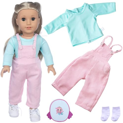 Baby Doll Clothes for !4-18 inch/35-45 cm Dolls, Doll Clothes Outfits Include Long Sleeves Pink Overalls Socks and Mermaid Backpack NewBorn Baby Dolls Birthday Gift for Girls