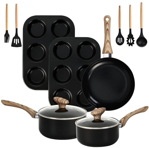 Bakeware and Cookware Set 12PCS, Induction Hob Pans and Pots Set w/Lids, Non-Stick Set with Frying Pans, Saucepans, Muffin Pan, Baking Sheet PFOA & PFOS Free