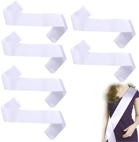 GVSS Lot de 6 Echarpe Miss Personnalisable 160x9,5cm,Echarpe Anniversaire,Écharpe Blanche,Écharpes Vierges en Satin pour Fête de Mariage,Bachelor,Remise de Diplôme,Personnalisation DIY