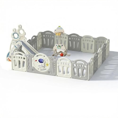 Parque de juegos para bebés con tobogán y aro de baloncesto, valla de seguridad de 16+2 paneles, material de PE de alta densidad, tamaño interior de 187x193 cm, diseño plegable con alfombrilla de