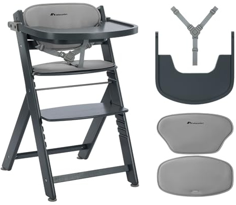 Bebeconfort Timba 2 with Cushion, Evolutive Wooden Highchair, 6+ Months, Up to 110 kg, Ergonomic Baby High Chair, Fits Most Dining Tables, Removable Tray, Grey Mist