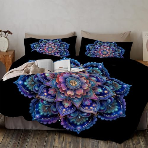 Queen Duvet Cover Sets - Vibrant Mandala Pattern Print Reversible Duvet Set (1x Quilt Cover, 2 x Pillowcases) Soft Microfibre Bedding Bed Set 90x 90, Blue-Purple