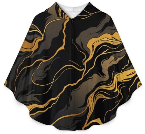 Geometric Golden Black Marble Wearable Hooded Blanket Poncho for Women Men Soft Fleece Flannel Throw Cape with 2 Pockets Cozy Plush Wrap Jacket for Home Office Travel Camping Hiking Christmas