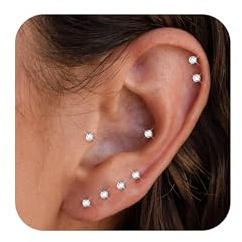 ORAZIO 6 Pairs Tiny 2mm Stainless Steel Stud Earrings For Mens Womens CZ Round Ball Cartilage Earrings Set,Silver Tone