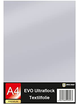 Evo Ultraflock Textilfolie für Plotter 33 Farben Flockfolie im Din A4 Format 30x20cm Plotterfolie für Stoff Kleidung T-Shirt Flock Folie Zubehör (1 Bogen, 031 Grau)