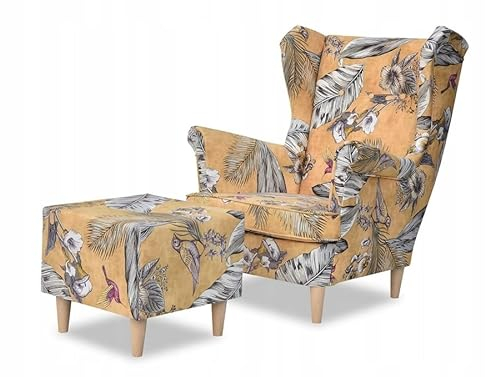 Family Meble Ohrensessel mit Hocker, Modell Print, Skandinavisch, Relaxsessel aus Webstoff, Loungesessel, Ohrensessel mit Hocker, Bequemer Sessel, Für Wohnzimmer, Esszimmer, Schlafzimmer, Dachte 6