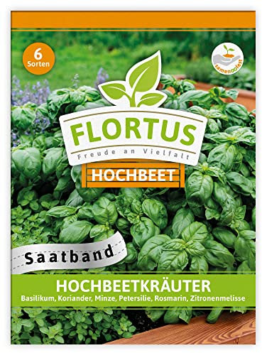 FLORTUS Hochbeetkräuter Saatbänder | 6 Sorten | Kräuter Samen Mix im praktischen Saatband | Küchenkräuter Samen | Kräutersamen für Basilikum, Koriander, Minze, Petersilie, Rosmarin, Zitronenmelisse