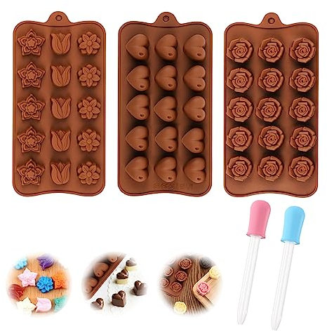 Kireida® 3 Stück Schokoladenformen Set,mit 2 Tropfer aus lebensmittelechtem Silikon,3D Pralinenformen mit Antihaftbeschichtung für Backen,Schokolade(Herzen, Tulpen, Rosen)