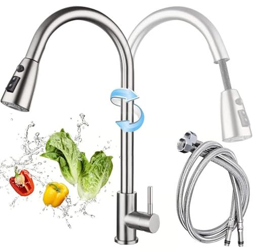 VOLTGY- Grifo Cocina EXTRAIBLE de ACERO INOXIDABLE. 3 FUNCIONES; 2 Chorros y Pausa. MOVILIDAD de 360º. Grifo Extensible Cocina.