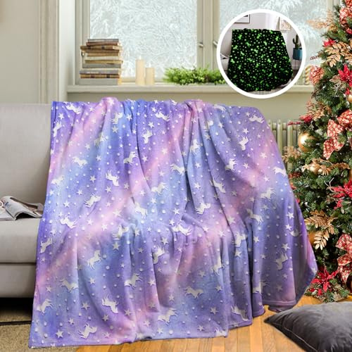 HSGLGNA Glow in The Dark Blanket Unicorns Gifts for Girls,Luminous Blanket for Kids and Adults,Soft Cozy Flannel Kids Throw Blanket - Birthday Bedroom Decor (Purple, 130 x 150 cm)