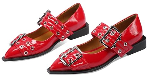 Ballerina Flats for Women Pointed Toe Flats with Studs Buckle Ballet Flats Comfortable Low Heeled Flats, Red, 7 UK