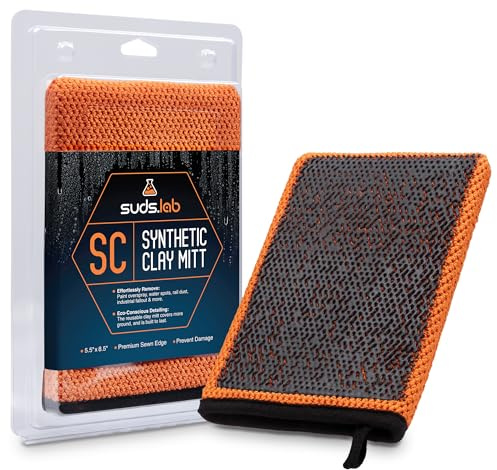 Suds Lab SC Synthetic Clay Mitt for Car Detailing – Reusable Clay Bar Mitt to Remove Paint Overspray, Water Spots, Tree Sap & Rail Dust from Paint, Glass & Plastic