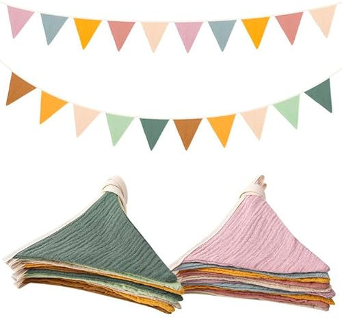 Camptrip 2 Stück Wimpelkette Kinderzimmer,Babyzimmer Deko Wimpelkette Mädchen Jungen,Musselin Baumwolle Stoff Morandi-Farbe Wimpelkette,Wimpelkette Stoff Girlande Geburtstag Wanddeko Geschenk