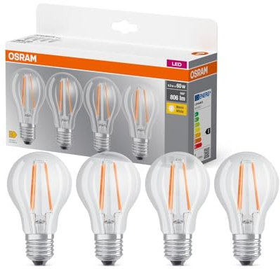 OSRAM LED BASE A60, confezione vantaggiosa con 4 lampadine, sostituisce le tradizionali lampadine da 60W, 6.5W, bianco caldo (2700K), vetro a filamento, non dimmerabile, forma a bulbo, E27