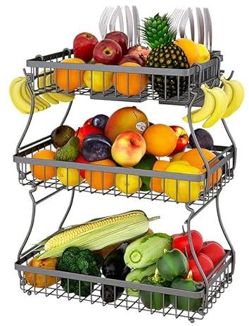 Foeska Panier à Fruits en Métal avec Crochets à Bananes, Étagère de Cuisine, Design Démontable, Idéal pour Cuisine, Salle de Bain et Salon (Nior 3 couches)