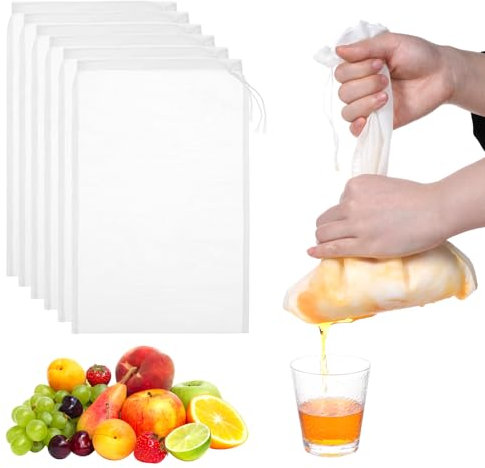 6 Stück Nylon Nussbeutel Passiertuch Wiederverwendbar Feinmaschiges Nussmilchbeutel Filterbeutel mit Kordelzug 30 x 20 cm für Käse Fruchtsaft Kaffee Gemüsesaft
