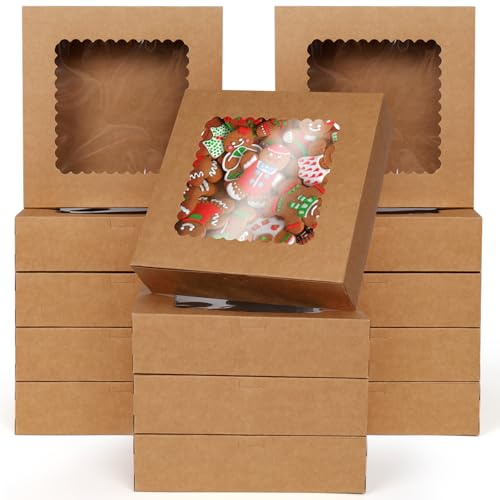 GXFCING Scatola per Torte da 24 Pezzi, 20,4 x 20,4 x 6,4 cm Scatola per Dolci in Cartone Kraft con Finestra Trasparente per Feste di Natale Biscotti Pasticcini Cupcake Confezioni