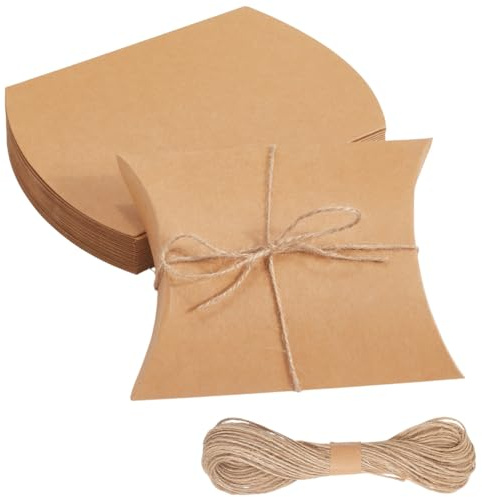 Beebeecraft 20 pz Scatole A Cuscino in Carta da 6.5x5 Pollici Scatole Regalo per Caramelle in Carta Kraft Bomboniere con Spago di Iuta per Feste di Compleanno e Matrimonio