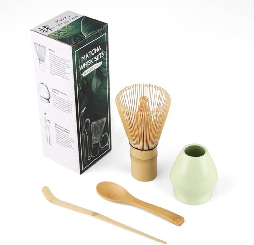 Set med 4 traditionella matchvispar, matchavisp (chasen), matchasked (Chashaku)