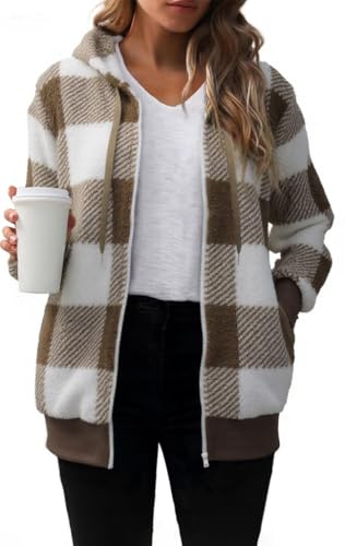 ROFUSSO Giacca con Cappuccio in Pile da Donna Giacca Invernale Calda in Pile con Zip Cappotto Invernale Casual e Morbido con Tasche(Khaki,XXL)