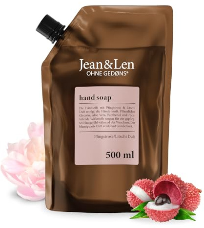 Jean & Len Hand & Body Wash Peonia & Litchi, pulisce e nutre la pelle durante il lavaggio, profumo delicato floreale, sapone liquido in confezione di ricarica, senza parabeni, siliconi e microplastica