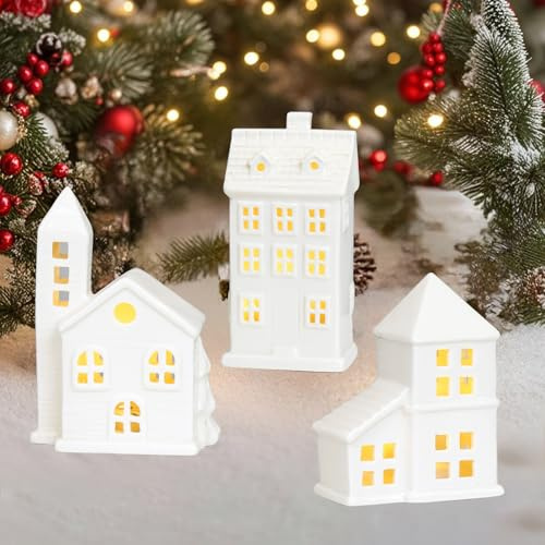 Tulov 3 unidades de decoración de Navidad, pueblo navideño, iluminación de Navidad, casas blancas, luces de pueblo de Navidad, decoración de casa de luz LED, cerámica blanca, casa de pueblo de
