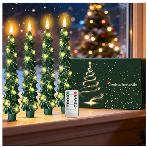 4Pcs Christmas Tree Taper Candles, Flameless Christmas Tree Candles with Remote, LED Battery Operated Candle with String Lights, 3D Flickering Candlesticks for Home Dinner Christmas Decorations