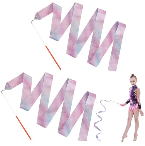 YUVKIN 2 Cintas de Gimnasia con Barra, Accesorios de Danza para Niñas y Adultos, Cinta Gimnasia Rítmica con Barra Brillante para Baile Interior (2 m, Rosa Brillante)