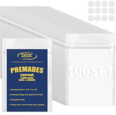 100-Pack Current Comic Book Bags & Boards Set with Premade Resealable Tabs + Adhesive Stickers | Acid-Free Archival Quality | Reusable Protection for Comic Book Collection & Storage