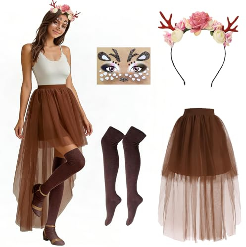 GOUYENG Costume Natalizio da Renna per Bambine,2 Pezzi Costume Renna Donna Gonna,Rennas Natale Gonna Tutu,Costumi Natale Donna,per Halloween Carnevale Compleanno Cosplay,Festa di Natales