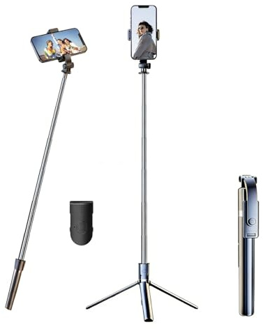Trépied Smartphone 1,7m avec Télécommande Bluetooth, Perche à Selfie Extensible, Stabilisateur Rotatif 360° pour Vlog/Live, Compatible avec iPhone, Samsung, GoPro, Noir