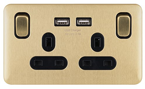 Schneider Electric Lisse Screwless Deco GGBL30202USBABSBS Prise d'alimentation à double interrupteur unipolaire avec ports de charge USB, 13 A, laiton satiné avec insert noir