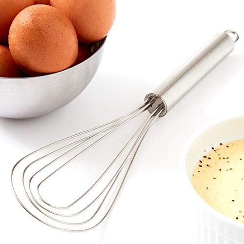 Chef Grade, Non Scratch 10 Flat Bottom Whisk. Best Stainless Steel Roux Whisks for Deglazing Pans. Perfect Metal Hand Whip for Cooking Soup. Whisking Spatula Tool Is a Great Kitchen Accessory or Gift