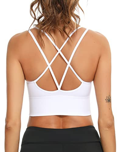 Sykooria Sport BH Damen Gepolstert Bustier ohne Bügel Spaghettiträger Cross Back Design Push Up für Yoga Fitness, Weiß M