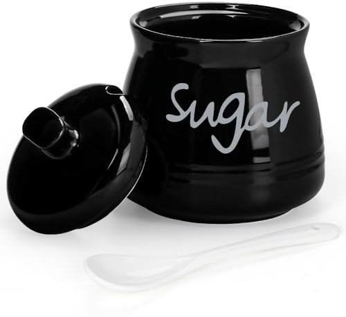 Swetwiny Porcelain Sugar Bowl with Lid and Spoon, 12 Ounces Ceramic Sugar Storage Jar, Sugar Container for Home and Kitchen (Black)