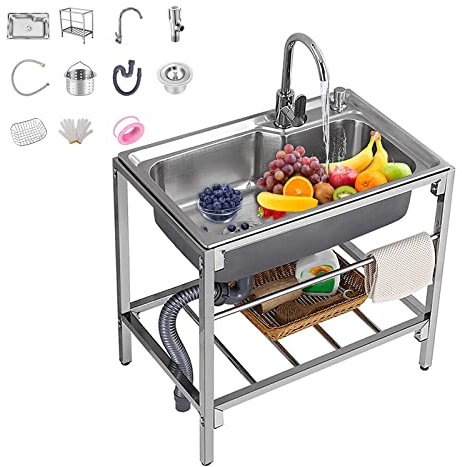 Duchunsheng Meuble Evier INOX Cuisine Lave Bac, Indépendant Jardin Lavabo avec Robinet, Pieds Réglables, Drainage Rapide, Pas Facile À Obstruer, Exterieur Sink Épaissir 1mm, Éviers De Salle De Bains