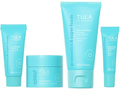 Tula Skin Care On the Go Best Sellers Travel Kit, Facial Cleanser, Day & Night Moisturizer, Sugar Scrub & Vitamin C Serum for Glowing, Radiant Skin, 1.0 Count