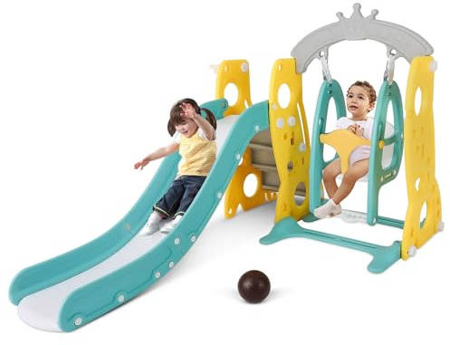 4 in 1 Toddler Swing and Slide Set for Age 1-12 Indoor Playground for Children Baby Swing Set with Slide, Climber, Basketball Hoop and Long Slide for Boys and Girls