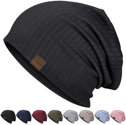 HAMUNI Slouchy Beanie Hip-Hop Soft Lightweight Running Beanie Hat Breathability & Elasticity Adult Dwarf Hats Chemo Cap Skull Cap for Men Women (Black)