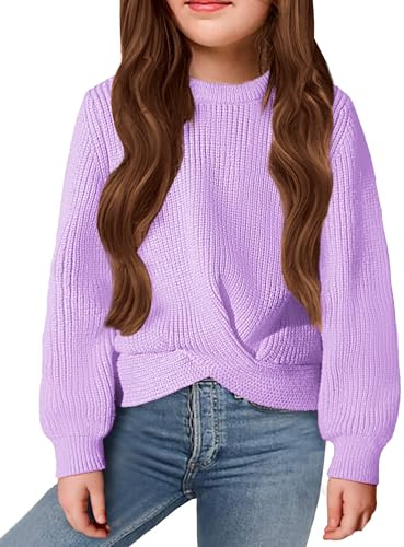 Arshiner Filles Pulls Mode Enfants Col Rond Pull Tricoté Automne Hiver Loisirs Manches Longues Tops pour Fille 10-11 Ans Lilas Violet