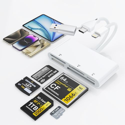 5-in-3 SD Card Reader USB C & USB3.0 & Lightning, Multi Card Adapter 5Gbps Read 5 Cards Simultaneously Supports SD/Micro SD(TF)/CF/XD/MS for i-Phone/i-Pad, USB C and USB A Devices, Plug and Play
