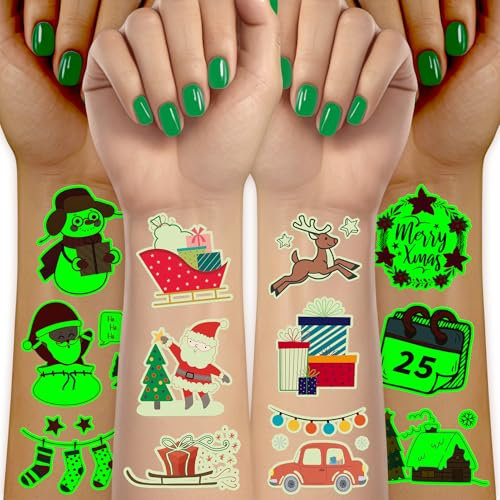 Acevegue 100 Feuilles Noël Tatouage Enfant,Noel Fluorescent Kit Tatouage Enfant,Tatouage Temporaire Enfant décoration de Noël Petit Cadeau Noel