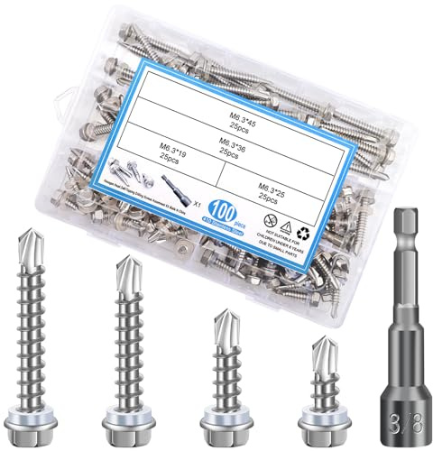 AMZSKU 101 viti autofilettanti per lamiera trapezoidale, 6,3 x 19, 25, 36, 45 mm, viti esagonali con rondella di tenuta, in acciaio inox, viti autofilettanti, viti autofilettanti